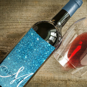 Moderner blauer Glitzer Glitzern Personalisiert Na Weinetikett