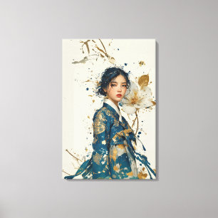 Moderner blauer Hanbok und goldene Folien-Blumenle Leinwanddruck