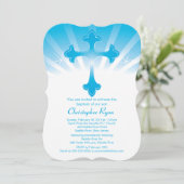 Moderner blauer Querjungen-heilige Taufe-Einladung Einladung (Stehend Vorderseite)