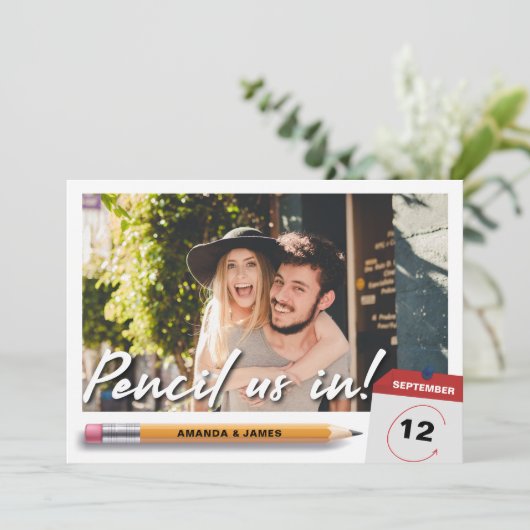 Moderner Bleistift in Foto Save the Date (Stehend Vorderseite)