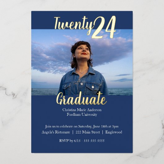 Moderner, Blue 2 Foto Abschluss Folieneinladung (Vorderseite)