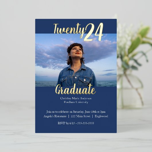 Moderner, Blue 2 Foto Abschluss Folieneinladung (Stehend vorne)