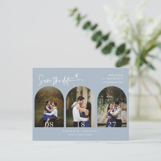 Moderner Blue Arch Foto QR-Code Save the Date Postkarte (Stehend Vorderseite)