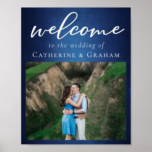 Moderner Blue Couple Foto Abend Hochzeit Empfang Poster (Vorne)