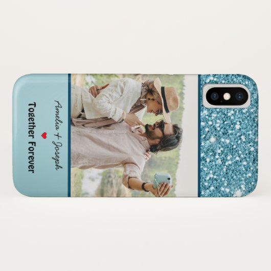 Moderner Blue Glitzer Custom Liebe Couple Foto Case-Mate iPhone Hülle (Rückseite (Horizontal))
