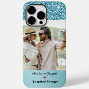 Moderner Blue Glitzer Custom Liebe Couple Foto Case-Mate iPhone 14 Pro Max Hülle