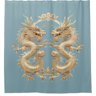 Moderner Blue Gold zweiköpfiger Drache Duschvorhang