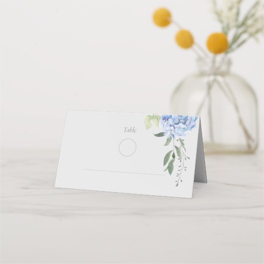 Moderner Blue Hydrangea Hochzeitstisch Platzkarte (Vorderseite)