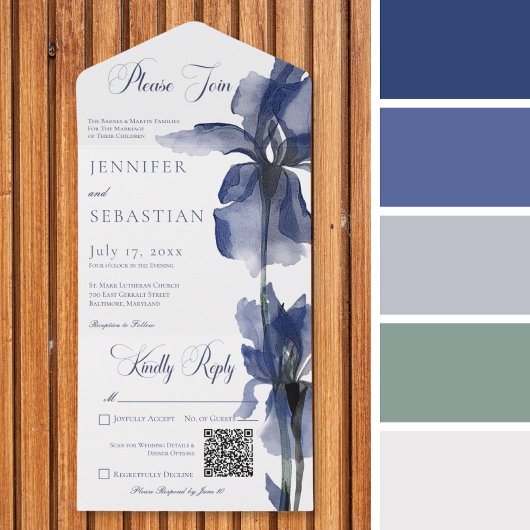 Moderner Blue Iris Blume QR All In One Einladung