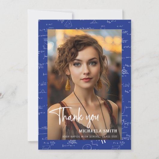 Moderner Blue Math Script Foto Abschluss Dankeskarte (Vorderseite)