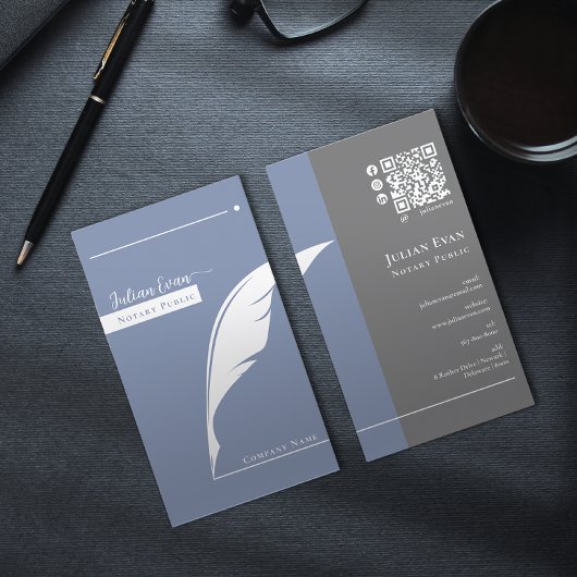 Moderner Blue Pen nib Logo Notar Public Qr Code Visitenkarte