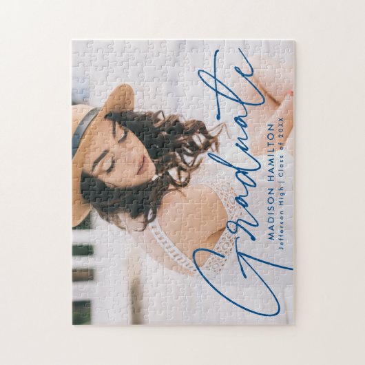 Moderner Blue Script Foto Abschluss Puzzle (Vertikal)