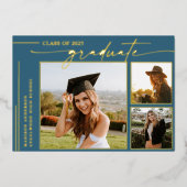 Moderner Blue Script Graduate Foto Abschluss Folieneinladung (Vorderseite)