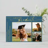 Moderner Blue Script Graduate Foto Abschluss Folieneinladung (Stehend vorne)