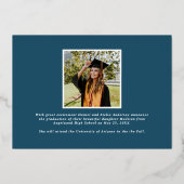 Moderner Blue Script Graduate Foto Abschluss Folieneinladung (Rückseite)