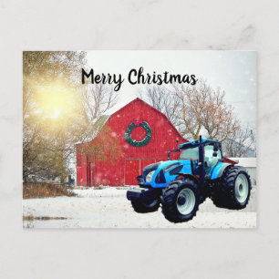 Moderner Blue Traktor in Barnyard Weihnachten  Postkarte