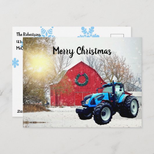 Moderner Blue Traktor in Barnyard Weihnachten Postkarte (Vorne/Hinten)