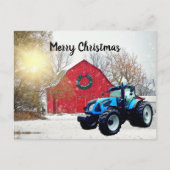 Moderner Blue Traktor in Barnyard Weihnachten Postkarte (Vorderseite)