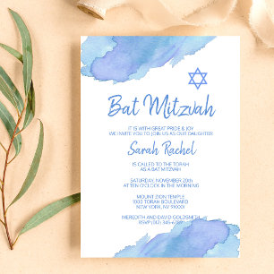 Moderner Blue Watercolor Star von David BAT MITZVA Einladung
