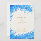 Moderner Blue Wave Gold Surfer auf einer Hochzeit Einladung (Vorderseite)