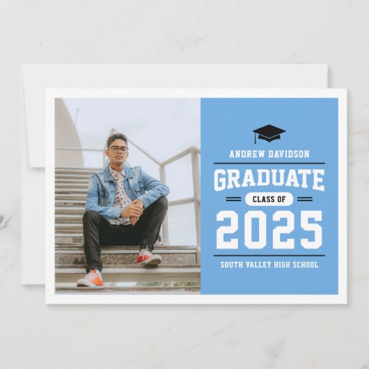 Moderner Blue White Black Foto Abschluss Ankündigung (Vorderseite)