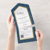 Moderner Blue & White Starry Gold QR Code All In One Einladung (Abreißen)