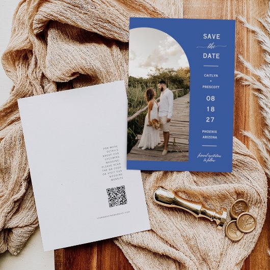 Moderner Blue Yonder Arc Foto QR-Code Save the Dat Einladung