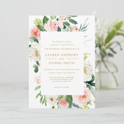 Moderner Blues | Alle in einem Gold Floral Wedding Einladung (Stehend Vorderseite)