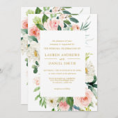 Moderner Blues | Alle in einem Gold Floral Wedding Einladung (Vorne/Hinten)