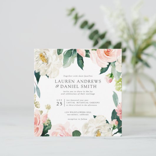 Moderner Blues | Alle in einer rosa Botanischen Ho Einladung (Stehend Vorderseite)