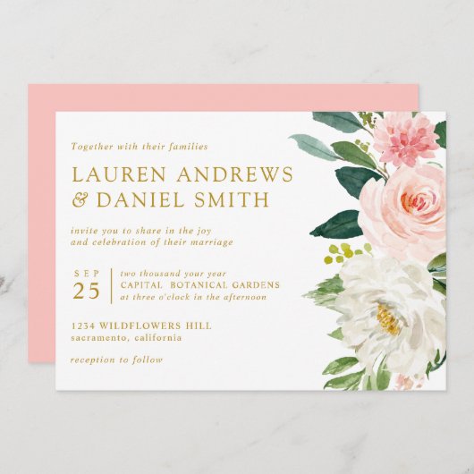 Moderner Blues | Chic Botanical Gold Floral Hochze Einladung (Vorne/Hinten)