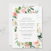 Moderner Blues | Chic Botanical Pink Floral Weddin Einladung (Vorderseite)