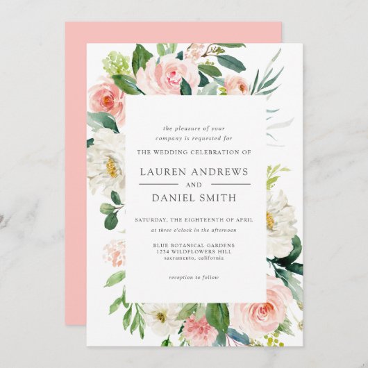 Moderner Blues | Chic Botanical Pink Floral Weddin Einladung (Vorne/Hinten)