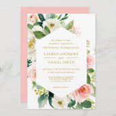 Moderner Blues | Chic Geometric Gold Floral Weddin Einladung (Vorne/Hinten)