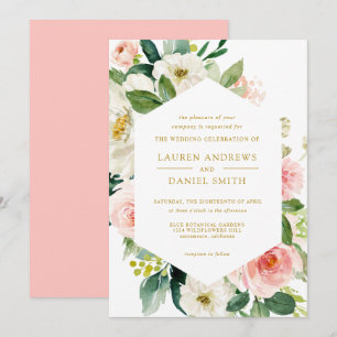 Moderner Blues   Chic Geometric Gold Floral Weddin Einladung