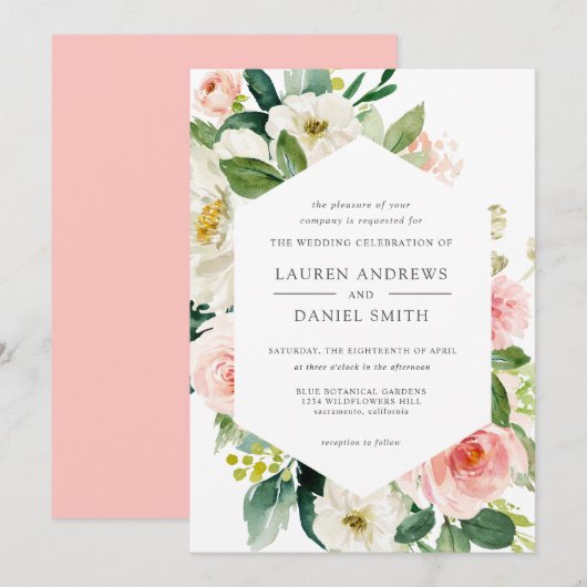 Moderner Blues | Chic Geometric Gold Floral Weddin Einladung (Vorne/Hinten)