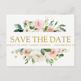 Moderner Blues | Floral Gold WEDDING speichern Dat Ankündigungspostkarte