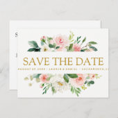 Moderner Blues | Floral Gold WEDDING speichern Dat Ankündigungspostkarte (Vorne/Hinten)