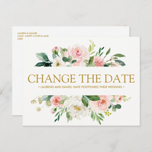 Moderner Blues | Gold WEDD ÄNDERN DAS DATUM Ankündigungspostkarte (Vorne/Hinten)