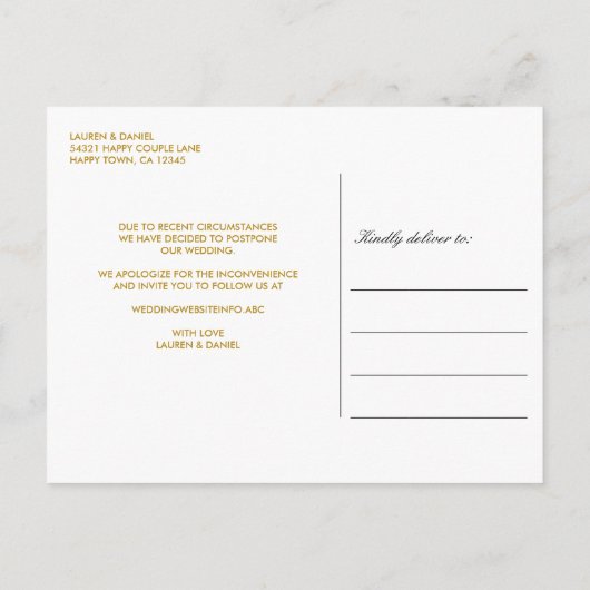 Moderner Blues | Gold WEDD ÄNDERN DAS DATUM Ankündigungspostkarte (Rückseite)