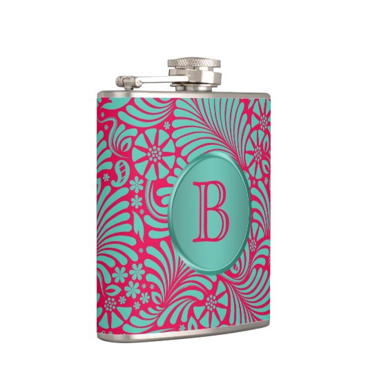 Moderner BlumenDamast Mit Monogramm Flachmann (Rechts)