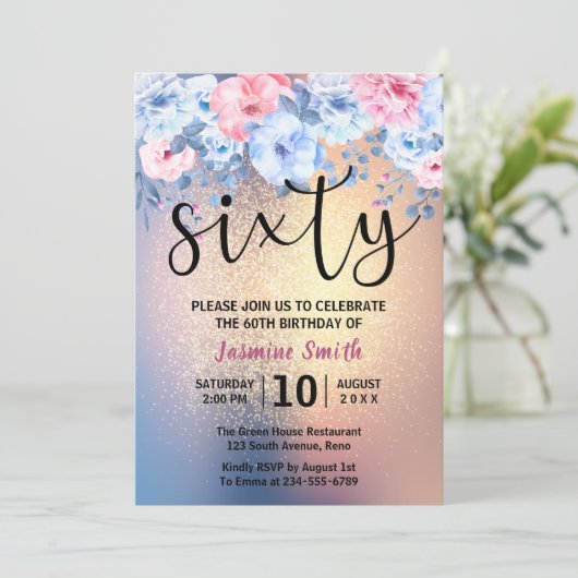 Moderner Blumengold Glitzer 60. Geburtstag Einladung (Stehend Vorderseite)