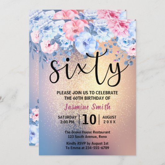Moderner Blumengold Glitzer 60. Geburtstag Einladung (Vorne/Hinten)