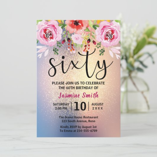 Moderner Blumengold Glitzer 60. Geburtstag Einladung (Stehend Vorderseite)