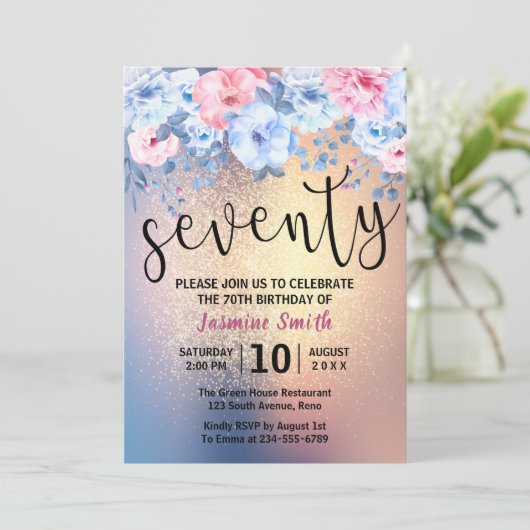 Moderner Blumengold Glitzer 70. Geburtstag Einladung (Stehend Vorderseite)
