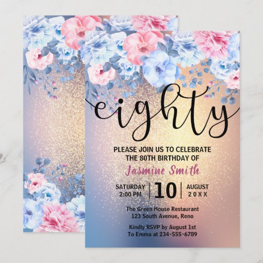 Moderner Blumengold Glitzer 80. Geburtstag Einladung (Vorne/Hinten)