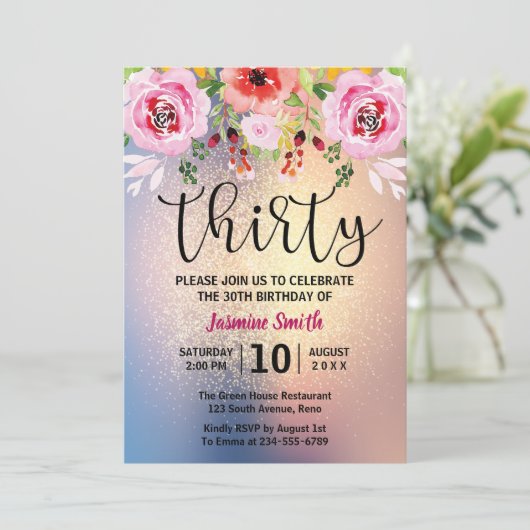 Moderner BlumengoldGlitzer-30. Geburtstag Einladung (Stehend Vorderseite)