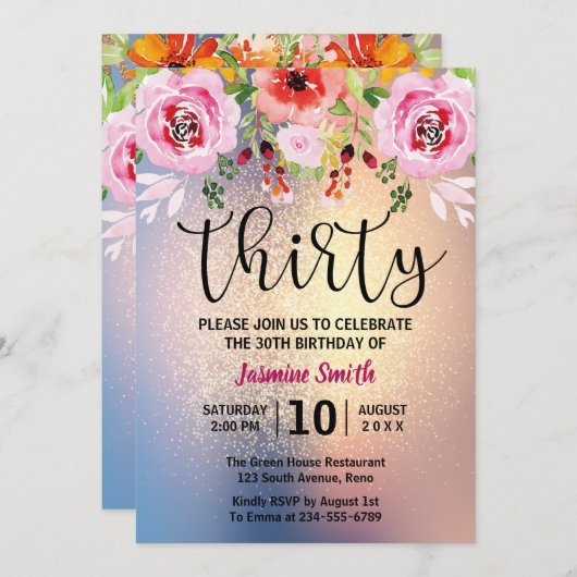 Moderner BlumengoldGlitzer-30. Geburtstag Einladung (Vorne/Hinten)