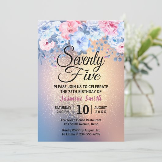 Moderner BlumengoldGlitzer-75. Geburtstag Einladung (Stehend Vorderseite)