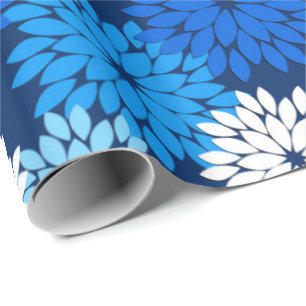 Moderner BlumenKimono-Druck, Blau, Aqua u. Marine Geschenkpapier